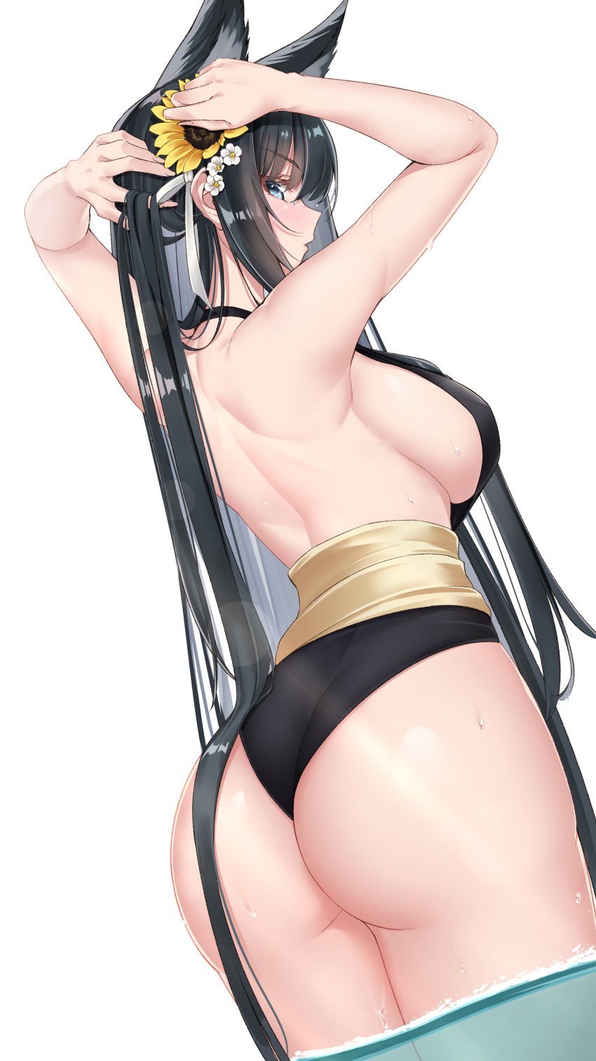 1girl, absurdres, animal_ears, arms_behind_head, ass, azur_lane, bare_shoulders, black_hair