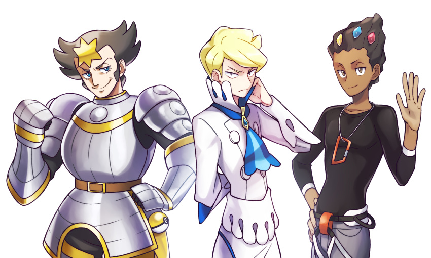3boys, armor, belt, black_shirt, blonde_hair, blue_eyes, breastplate, brown_eyes