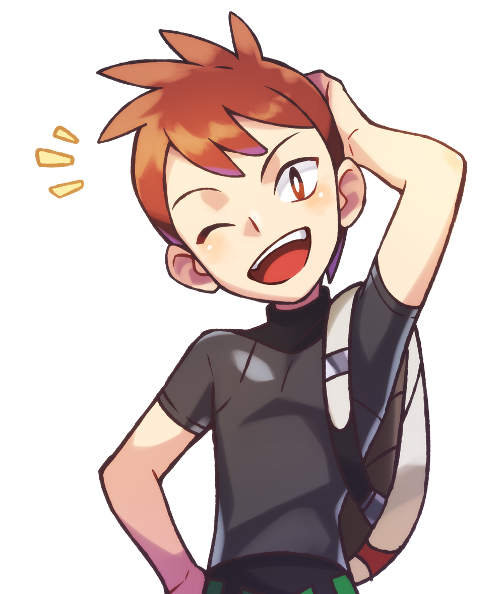 1boy, backpack, bag, black_shirt, brown_eyes, brown_hair, commentary_request, hand_on_own_head