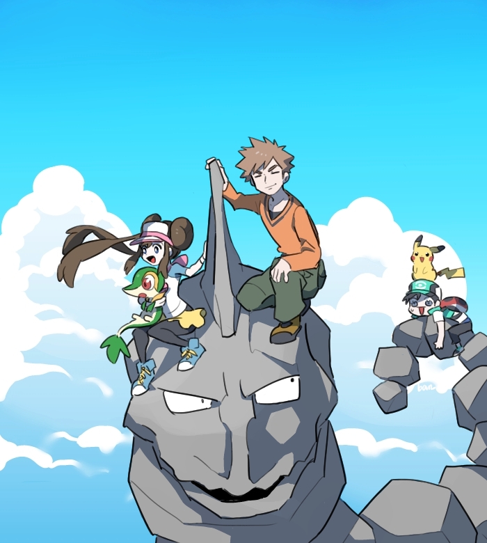 1girl, 2boys, backpack, bag, ban_(3551702), baseball_cap, black_legwear, black_shirt