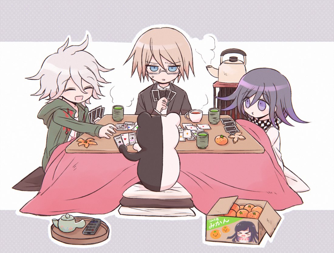3boys, 8takenokonosato8, :t, bangs, bear, blonde_hair, blue_eyes, box, card, checkered, checkered_neckwear, checkered_scarf, closed_eyes, controller, cup, cushion, dangan_ronpa, dangan_ronpa_1, food, fruit, glasses, jacket, kettle, komaeda_nagito, kotatsu, long_sleeves, male_focus, monokuma, multiple_boys, new_dangan_ronpa_v3, open_mouth, orange, ouma_kokichi, playing_card, purple_hair, remote_control, scarf, simple_background, sitting, steam, super_dangan_ronpa_2, sweat, table, teacup, togami_byakuya, tray, tsumiki_mikan, two-tone_background, violet_eyes, white_hair, yunomi