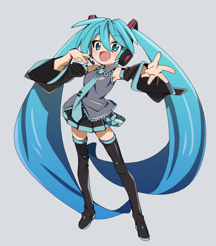 1girl, aqua_eyes, aqua_hair, aqua_neckwear, bare_shoulders, black_legwear, black_skirt, black_sleeves