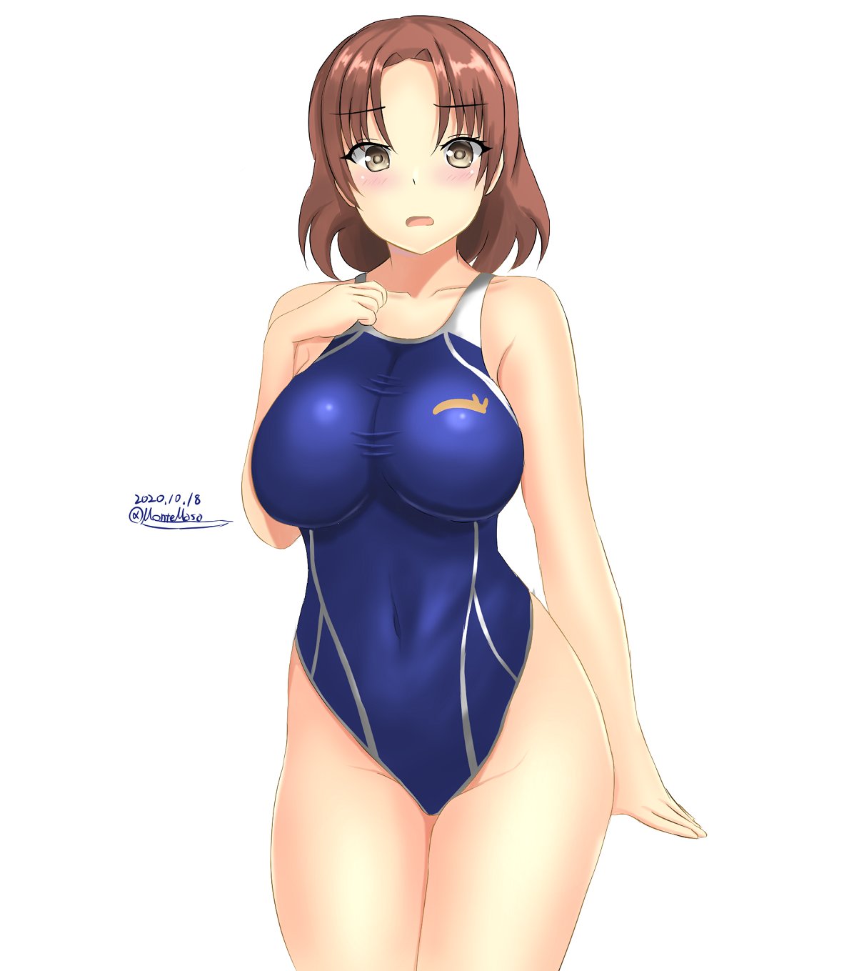 1girl, blue_swimsuit, blush, breasts, brown_eyes, brown_hair, chiyoda_(kantai_collection), competition_swimsuit