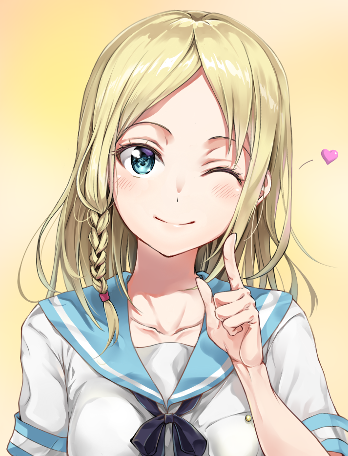 1girl, ;), bangs, blonde_hair, blue_sailor_collar, blush, braid, breasts