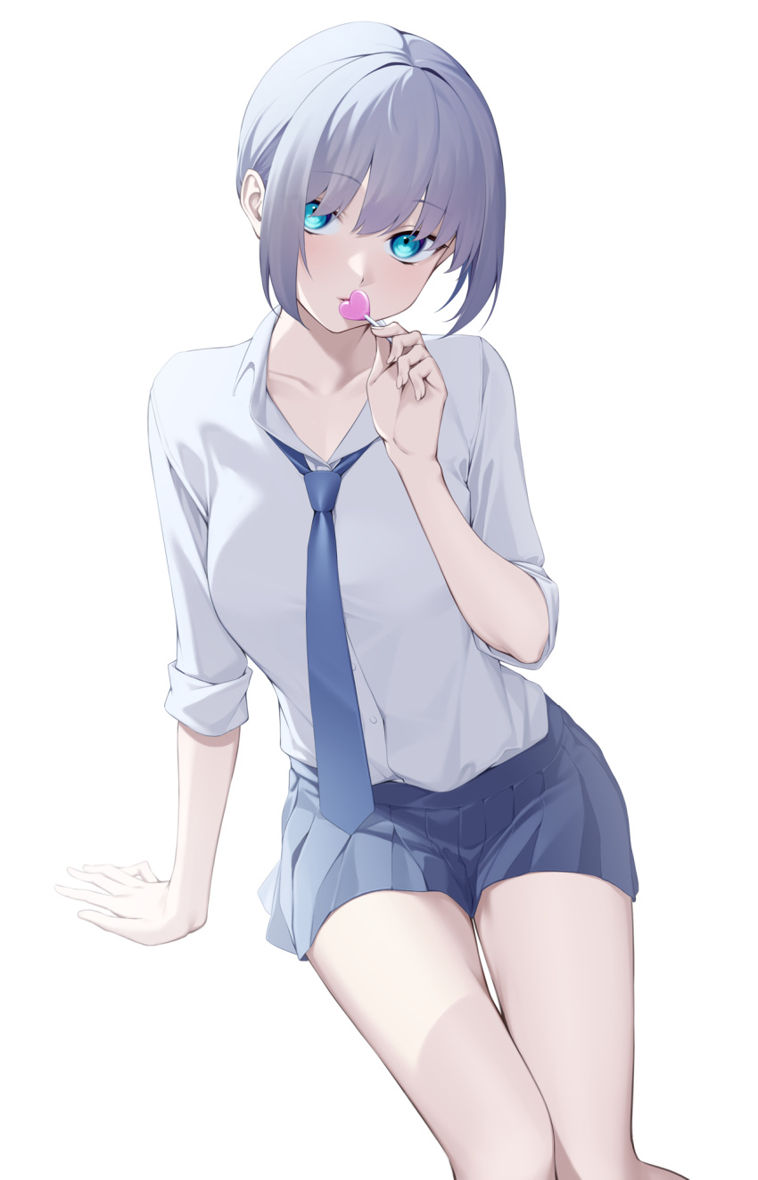 1girl, arm_support, bangs, bare_thighs, blue_eyes, blue_neckwear, blue_skirt, blunt_bangs, breasts, candy, collarbone, collared_shirt, commentary_request, cowboy_shot, dress_shirt, eyebrows_visible_through_hair, eyelashes, fingernails, food, green_hair, hand_up, head_tilt, heart, highres, invisible_chair, knees_together_feet_apart, kuen_(kuennn12), lollipop, long_sleeves, looking_at_viewer, medium_breasts, miniskirt, necktie, open_collar, original, parted_lips, pleated_skirt, school_uniform, shaped_lollipop, shirt, shirt_tucked_in, short_hair, sidelocks, simple_background, sitting, skirt, sleeves_rolled_up, solo, tented_shirt, white_background, white_shirt, wing_collar