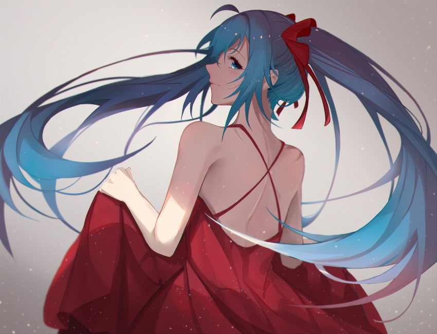 1girl, blue_eyes, blue_hair, chinese_commentary, dress, floating_hair, hatsune_miku, holding