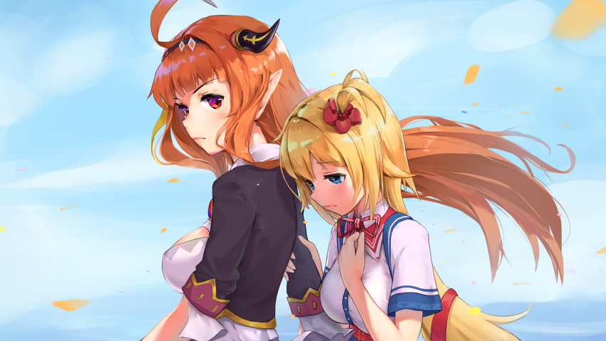 2girls, ahoge, akai_haato, black_hairband, blonde_hair, blue_eyes, breasts, dragon_horns