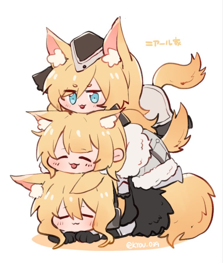 3girls, animal_ear_fluff, animal_ears, arknights, aunt_and_niece, bangs, blemishine_(arknights), blonde_hair