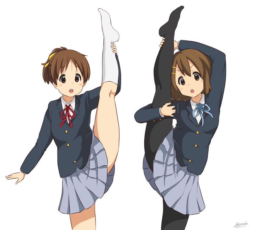 2girls, bangs, blue_ribbon, blue_skirt, blush, brown_eyes, brown_hair, hair_ornament, hair_ribbon, hairpin, highres, hirasawa_ui, hirasawa_yui, hirondo, k-on!, leg_lift, leg_up, long_sleeves, looking_at_viewer, multiple_girls, open_mouth, pantyhose, pleated_skirt, ribbon, sakuragaoka_high_school_uniform, school_uniform, short_hair, simple_background, skirt, split, standing, standing_on_one_leg, standing_split, white_background