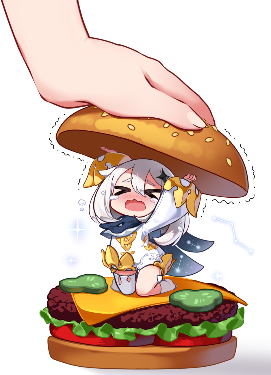 >o<, 1girl, blush, cheese, chibi, closed_eyes, crying, fairy, food, genshin_impact, halo, hamburger, highres, lettuce, paimon_(genshin_impact), pickle, scared, scarf, simple_background, single_thighhigh, solo, ssorasora, tears, thigh-highs, tomato, trembling, wavy_mouth, white_background, white_hair
