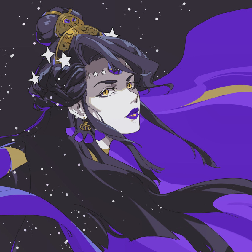1girl, black_hair, braid, commentary, earrings, french_braid, from_side, hades_(game), hair_bun, hair_ornament, highres, jewelry, lipstick, long_hair, looking_at_viewer, looking_to_the_side, makeup, nekohara_peninsula, nyx_(hades), pale_skin, portrait, purple_lips, purple_lipstick, solo, space, star_(symbol), star_hair_ornament, yellow_eyes