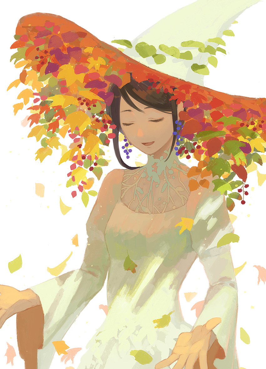 1girl, brown_hair, chandelier_earrings, closed_eyes, cowboy_shot, earrings, falling_leaves, food, fruit, fruit_tree, grape_earrings, green_robe, hat, high_collar, highres, hiko_(scape), ivy, jewelry, lace_collar, leaf, light_smile, open_hands, original, palms, sidelocks, simple_background, smile, solo, tree, white_background, white_headwear, wide_sleeves, witch_hat
