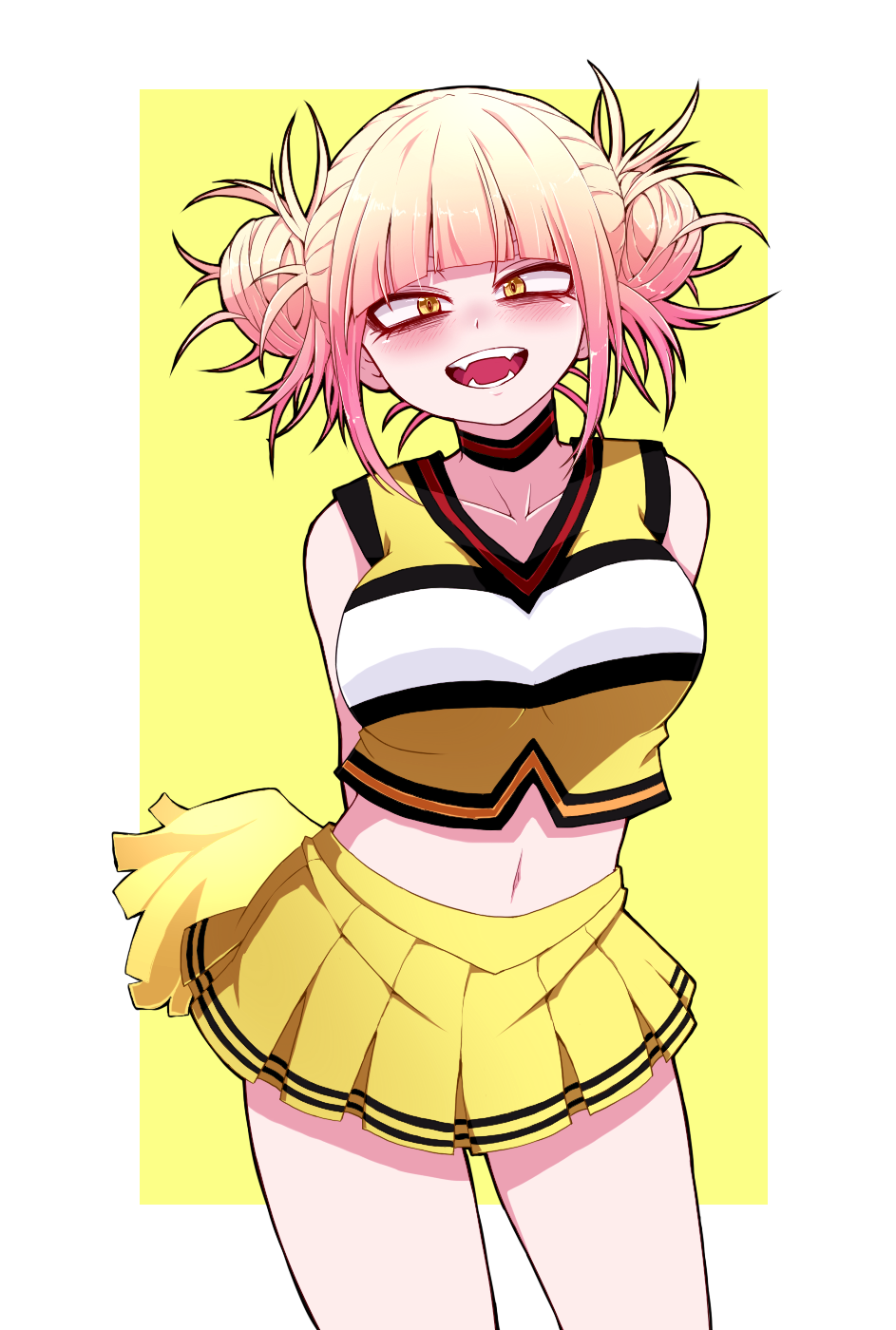 1girl, alternate_costume, arms_behind_back, bare_shoulders, blonde_hair, blush, boku_no_hero_academia, breasts