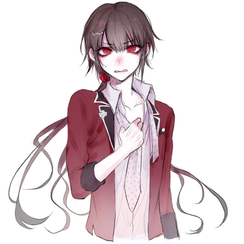 1boy, bangs, blush, brown_hair, clenched_butt, collarbone, collared_shirt, commentary_request, cropped_torso, dangan_ronpa, dress_shirt, earrings, genderswap, genderswap_(ftm), hair_ornament, hair_scrunchie, hairclip, harukawa_maki, highres, jacket, jewelry, long_hair, long_sleeves, looking_at_viewer, male_focus, messy_hair, mole, mole_under_eye, nanin, necktie, new_dangan_ronpa_v3, nose_blush, open_clothes, open_jacket, ponytail, red_eyes, red_jacket, school_uniform, scrunchie, shirt, simple_background, sleeves_past_elbows, solo, upper_body, white_background, white_shirt