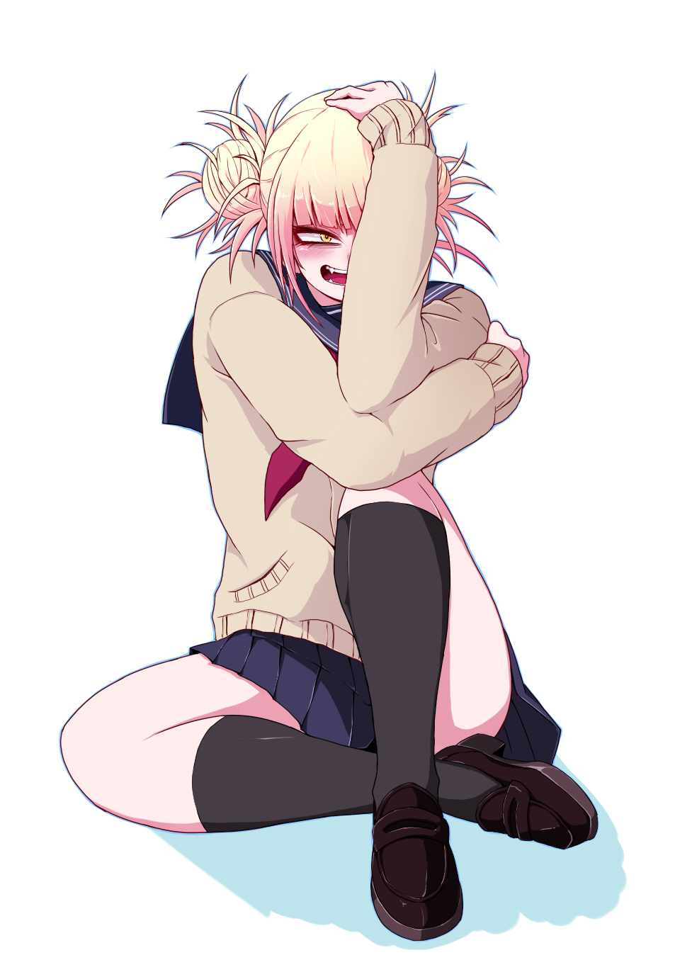 1girl, bangs, black_skirt, blonde_hair, blunt_bangs, boku_no_hero_academia, brown_footwear, double_bun