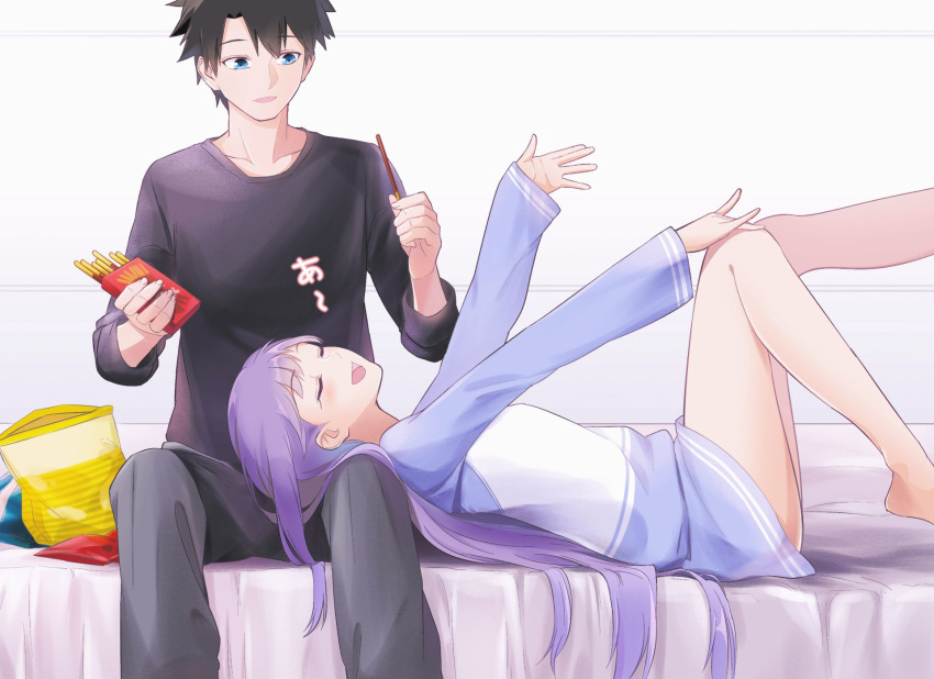 1boy, 1girl, bangs, black_hair, blush, breasts, closed_eyes, coffeekite, contemporary, fate/grand_order, fate_(series), food, fujimaru_ritsuka_(male), highres, long_hair, long_sleeves, lying, meltryllis, on_back, open_mouth, pocky, purple_hair, short_hair, small_breasts, smile, very_long_hair