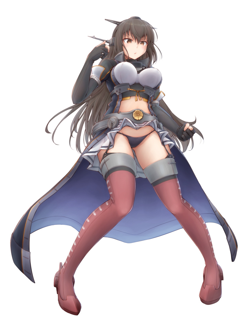 1girl, black_gloves, black_hair, black_panties, breasts, brown_eyes, elbow_gloves, full_body