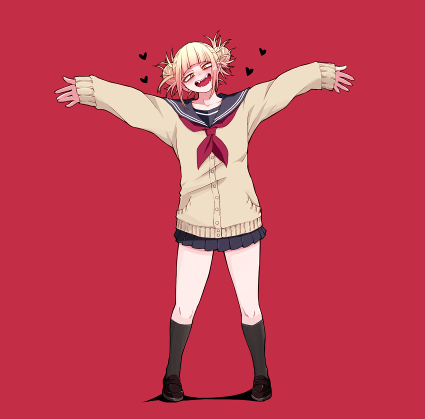 1girl, :d, black_skirt, blonde_hair, blue_sailor_collar, boku_no_hero_academia, brown_footwear, cardigan