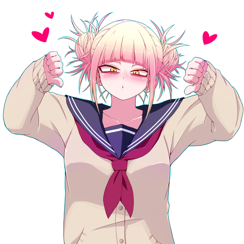 1girl, bangs, blonde_hair, blue_sailor_collar, blunt_bangs, boku_no_hero_academia, cardigan, double_bun