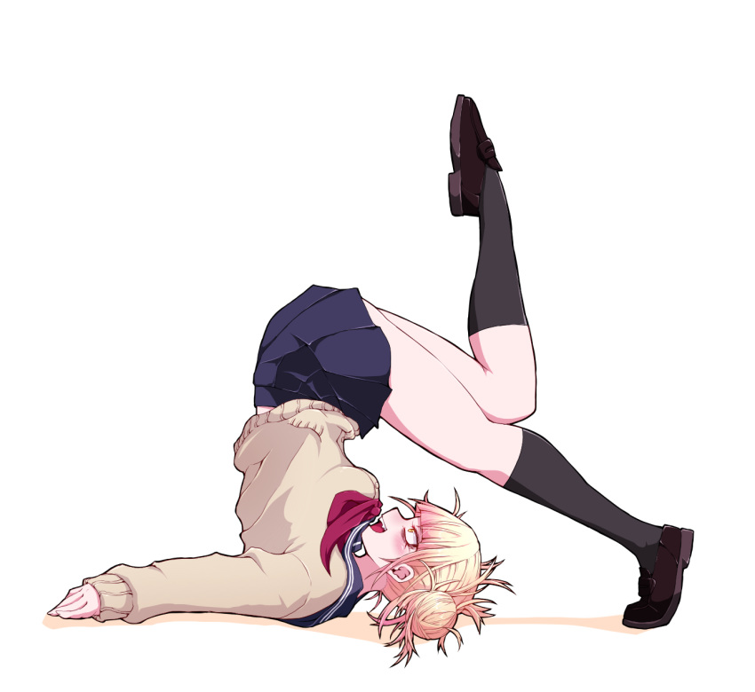 1girl, blonde_hair, blue_sailor_collar, blue_skirt, boku_no_hero_academia, brown_footwear, cardigan, commentary_request