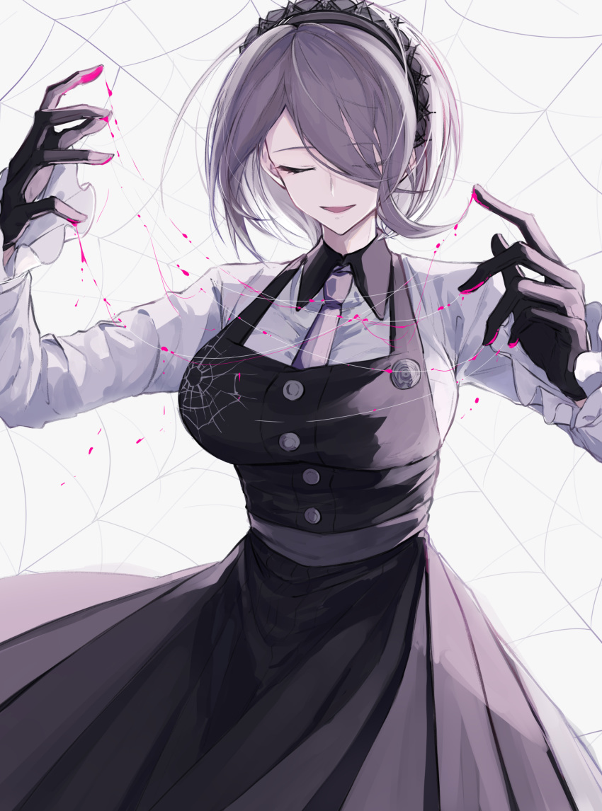 1girl, absurdres, bangs, black_dress, black_gloves, blonde_hair, breasts, closed_eyes