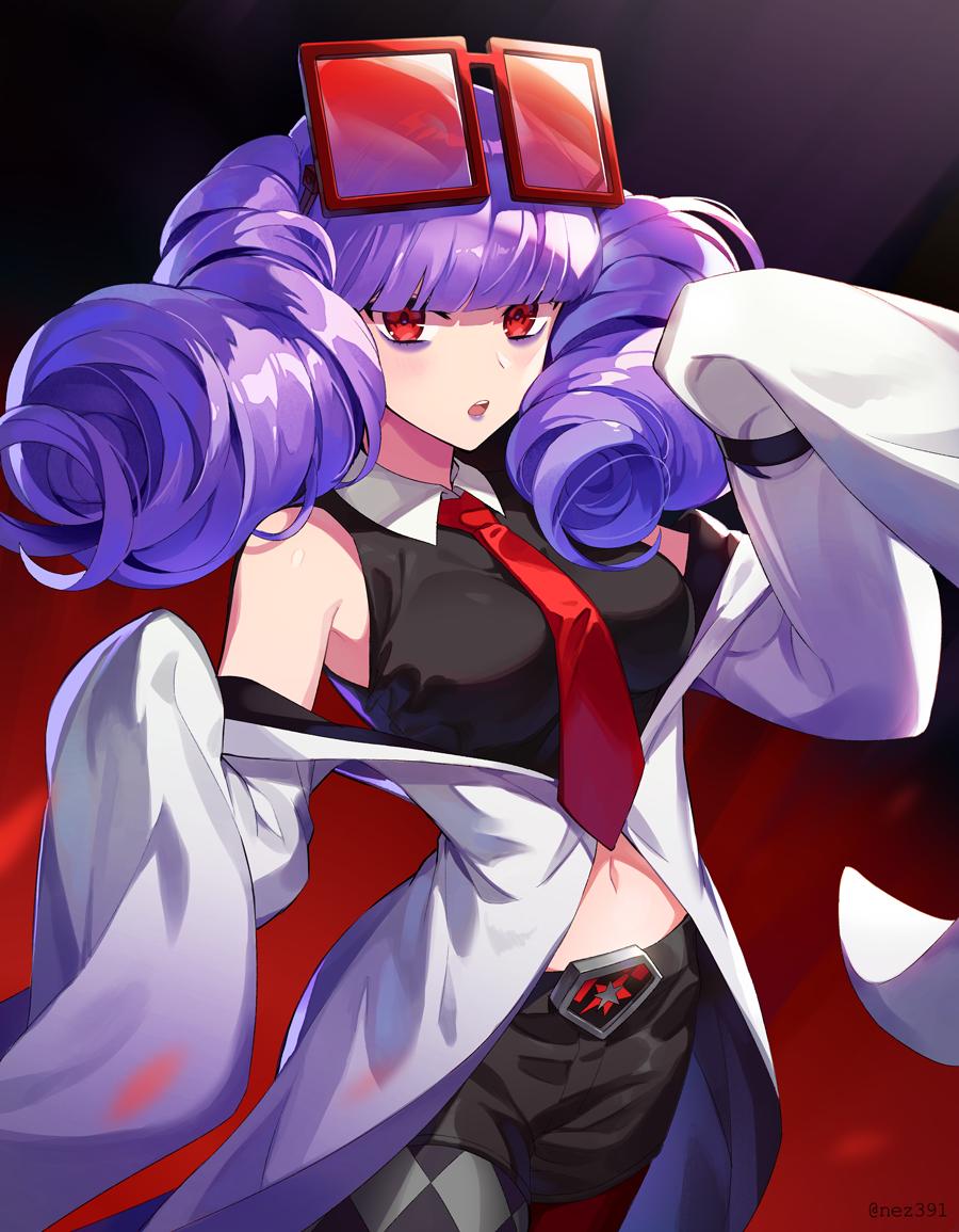 1girl, artist_name, asymmetrical_legwear, bangs, bare_shoulders, black_shorts, blunt_bangs, commentary_request