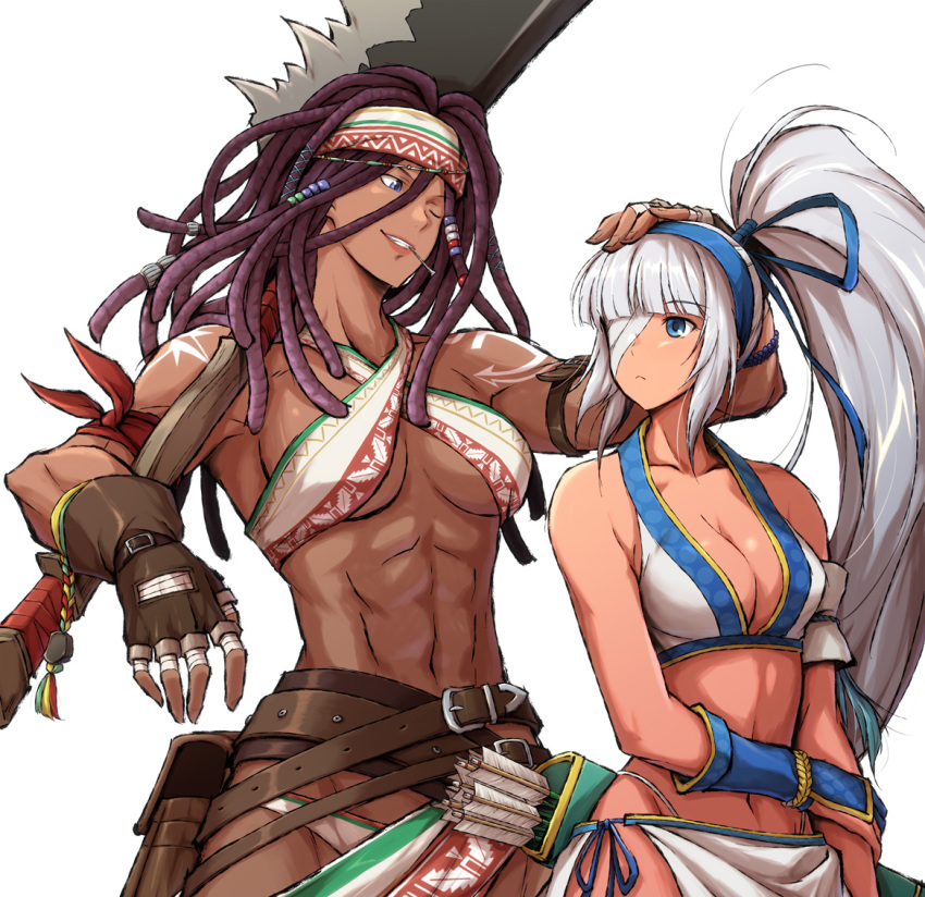 2girls, abs, anchor_tattoo, arm_pouch, bangs, bow_(weapon), dark_skin, darli_dagger, eyepatch, gloves, hairlocs, itouei, majikina_mina, multiple_girls, muscle, muscular_female, ponytail, quiver, samurai_spirits, sarong, saw_cleaver, side-tie_skirt, simple_background, tan, tool_belt, weapon, white_hair, white_sarong, yuri