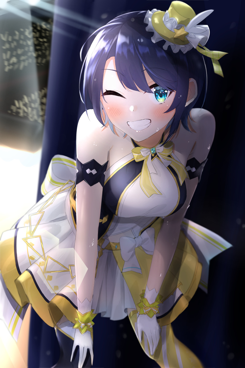 1girl, absurdres, alternate_costume, armband, asymmetrical_legwear, auditorium, backstage, bent_over