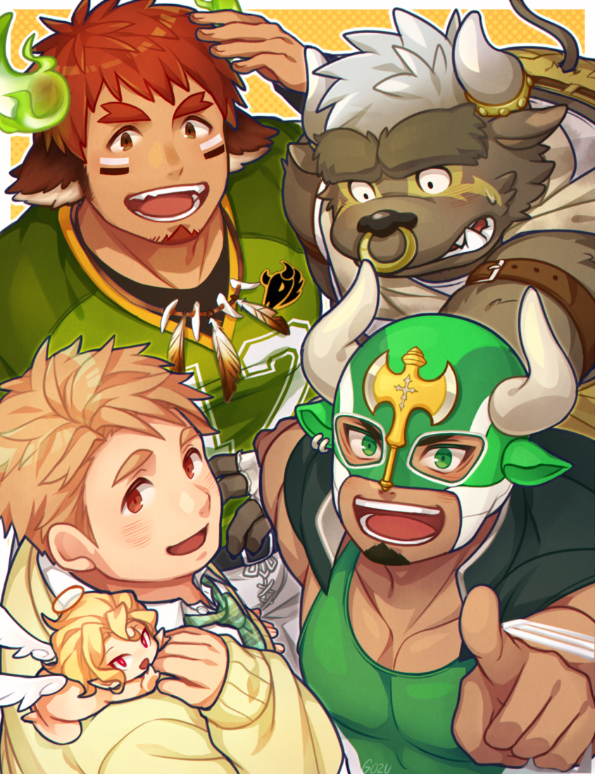 4boys, animal_ears, asterios_(tokyo_houkago_summoners), bara, blonde_hair, blush, brown_eyes, brown_hair