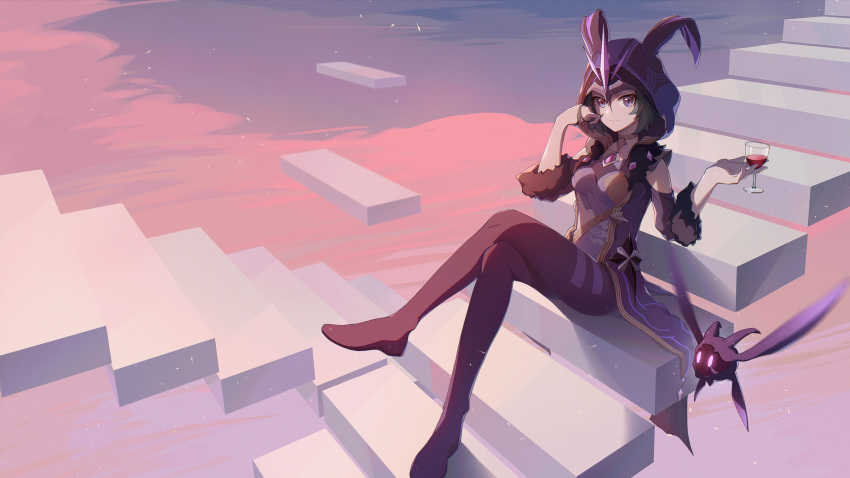 1girl, black_hair, black_legwear, cicin_(genshin_impact), crossed_legs, cup, drinking_glass, electro_cicin_mage_(genshin_impact), enoch_(enoch1368), fur_sleeves, genshin_impact, highres, hood, looking_at_viewer, short_hair, sitting, solo, stairs, violet_eyes, wine_glass