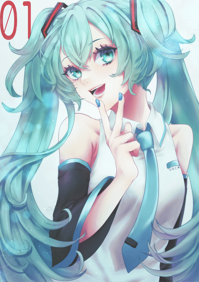 1girl, absurdres, blue_eyes, blue_hair, blue_neckwear, detached_sleeves, hatsune_miku, highres, looking_at_viewer, moika, necktie, open_mouth, solo, twintails, v, vocaloid