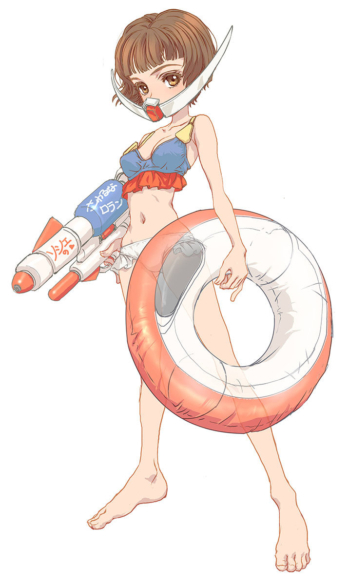 1girl, adapted_custome, bikini, breasts, brown_eyes, brown_hair, cosplay, gundam