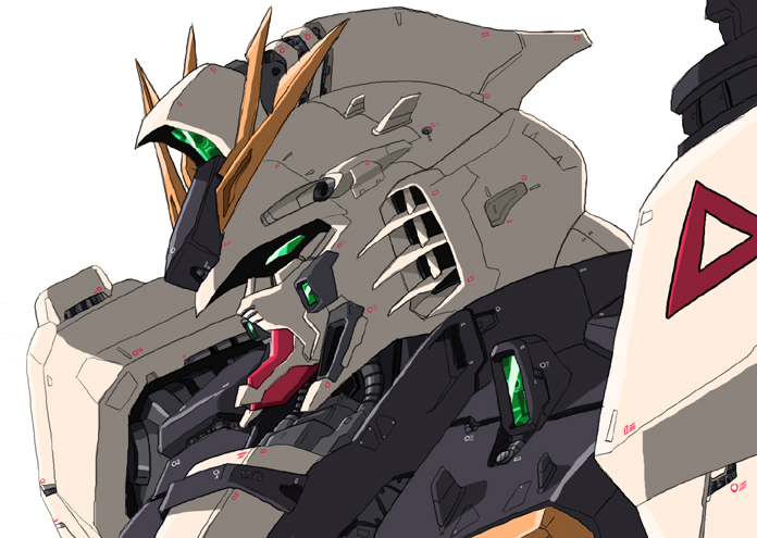 char's_counterattack, close-up, from_side, green_eyes, gundam, kappa_yoshimi, mecha, no_humans