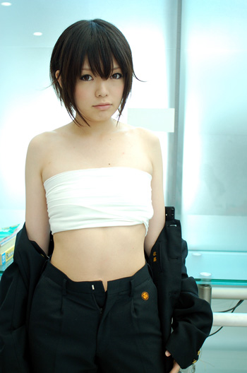 breast_bind, chest_wrap, cosplay, inuzuka_koshi, namada, no_shirt, open_pants, photo