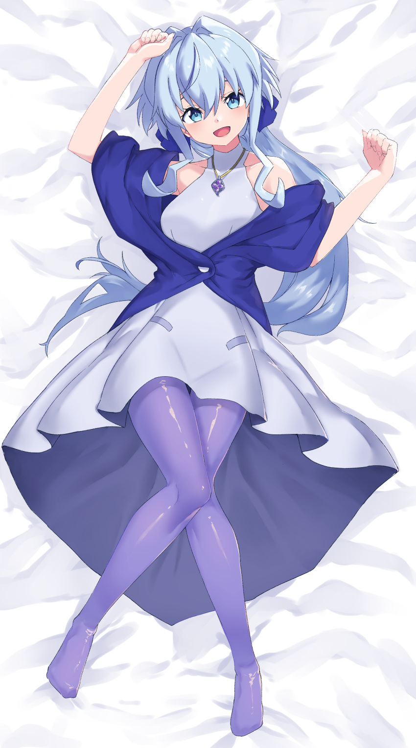 1girl, absurdres, blue_eyes, blue_hair, breasts, clenched_hands, dakimakura, dress