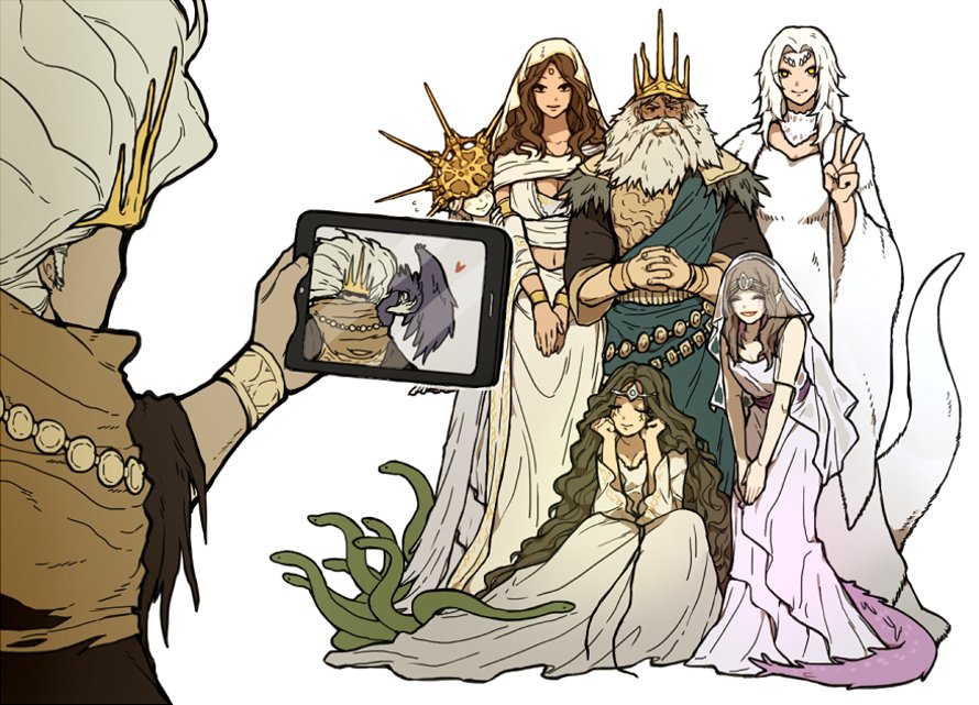 1other, 2boys, 4girls, beard, brown_hair, cleavage_cutout, clothing_cutout, company_captain_yorshka, crown, dark_souls, dark_souls_iii, dark_sun_gwyndolin, donar0217, facial_hair, family, filianore_(dark_souls), full_body, gwyn_lord_of_cinder, meme, multiple_boys, multiple_girls, nameless_king, priscilla_the_crossbreed, queen_of_sunlight_gwynevere, self_shot, simple_background, snake, souls_(from_software), tablet_pc, v, veil, white_background, white_hair