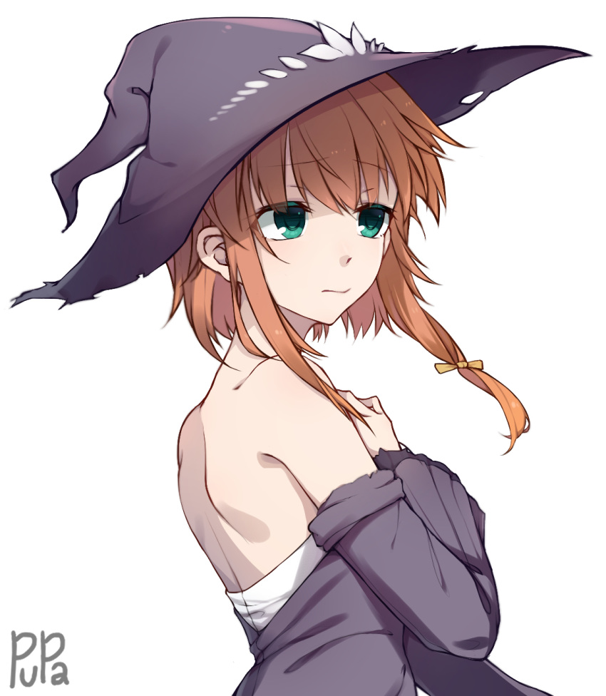1girl, 3:, aqua_eyes, artist_name, back, bangs, bare_shoulders, black_souls, closed_mouth, colored_eyelashes, detached_sleeves, dorothy_(black_souls), eyebrows_visible_through_hair, eyes_visible_through_hair, hair_ribbon, hat, highres, long_hair, long_sleeves, looking_away, orange_hair, pupa_jiang, purple_headwear, ribbon, simple_background, solo, upper_body, white_background, witch_hat, yellow_ribbon