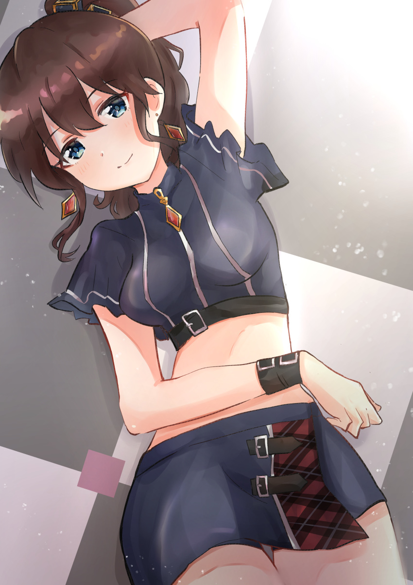 1girl, absurdres, bangs, blue_eyes, breasts, brown_hair, checkered, checkered_floor