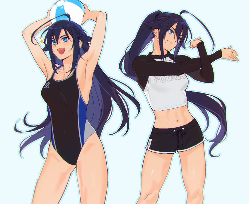 2girls, ahoge, armpits, ball, beachball, blue_eyes, blue_hair, competition_swimsuit