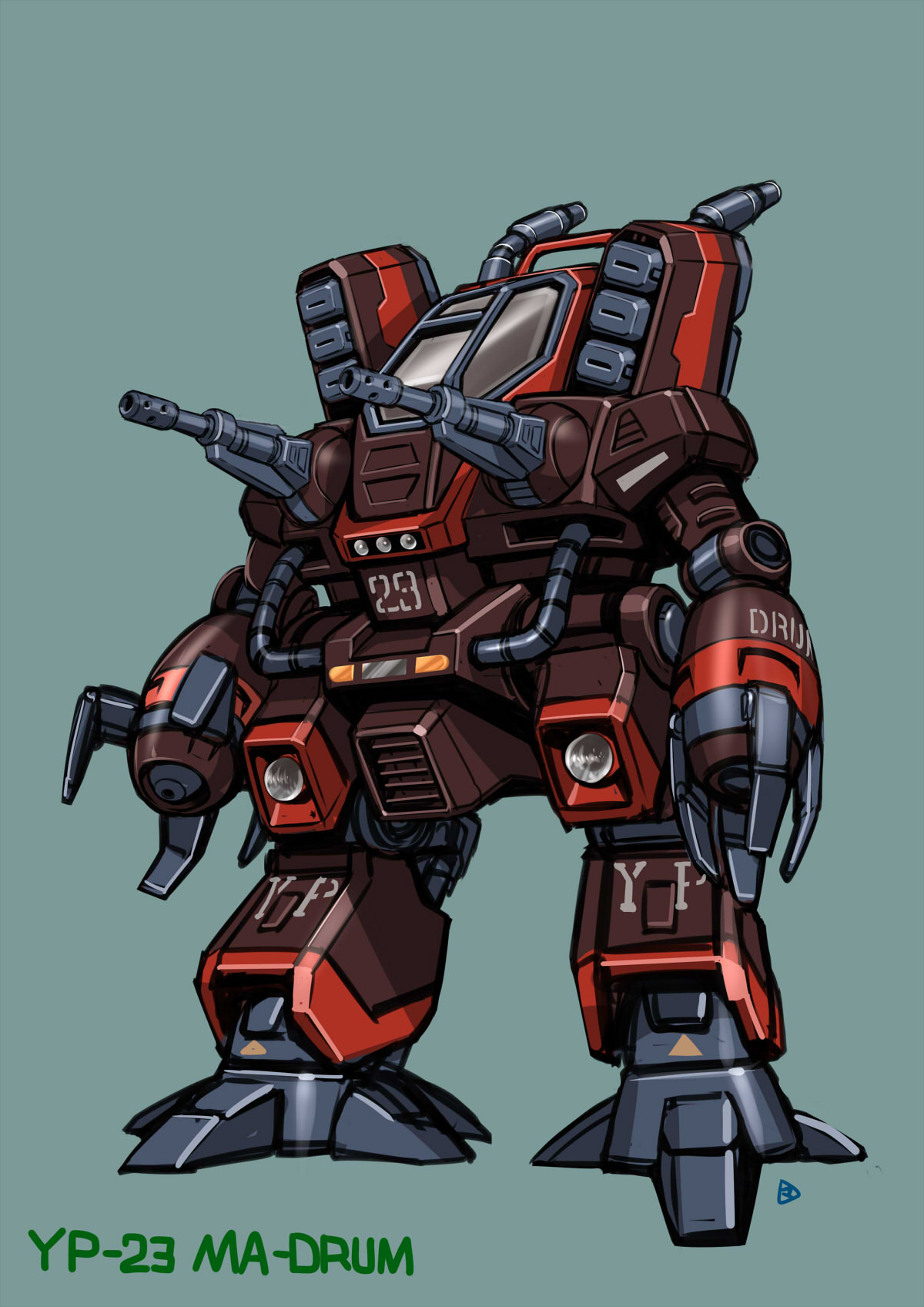 arm_cannon, cable, canopy, character_name, chest_cannon, claws, cockpit, commentary