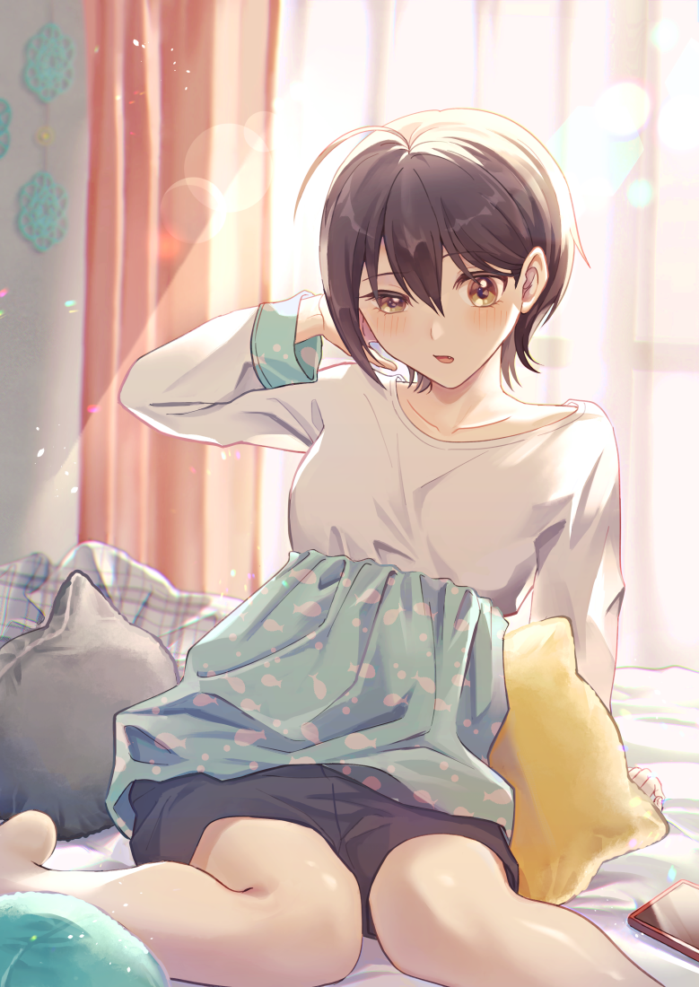 1girl, ahoge, bed, bed_sheet, black_hair, blush, brown_eyes, cat_pillow