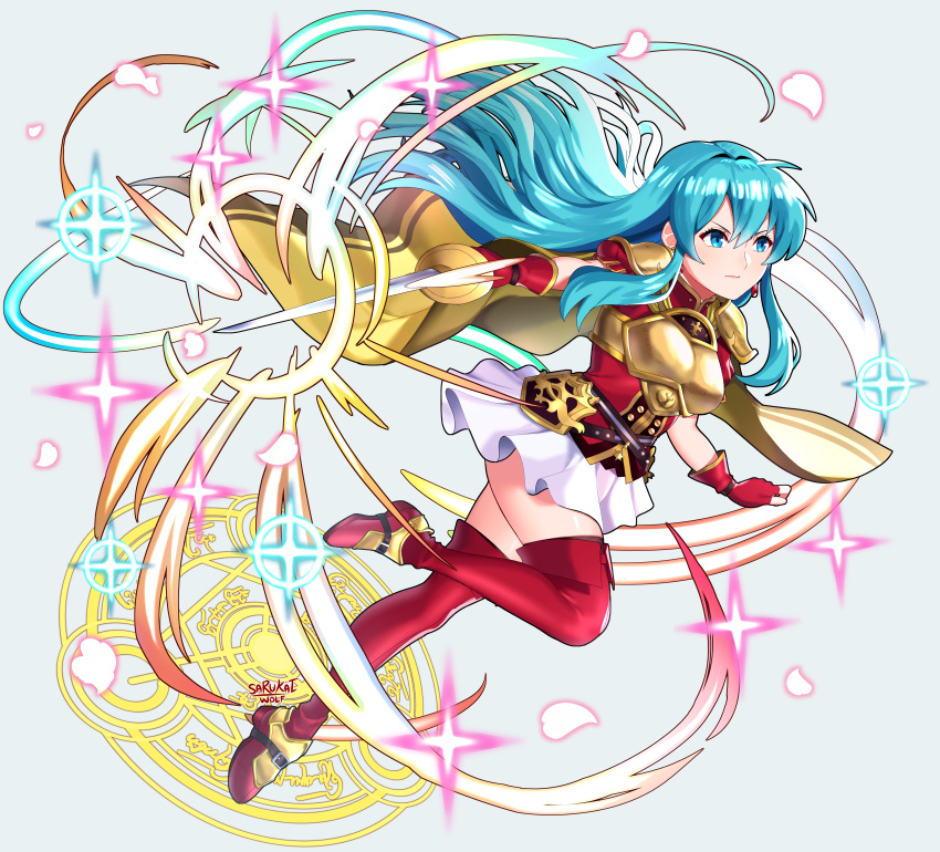 1girl, absurdres, aqua_hair, armor, boots, breastplate, cape, earring_removed