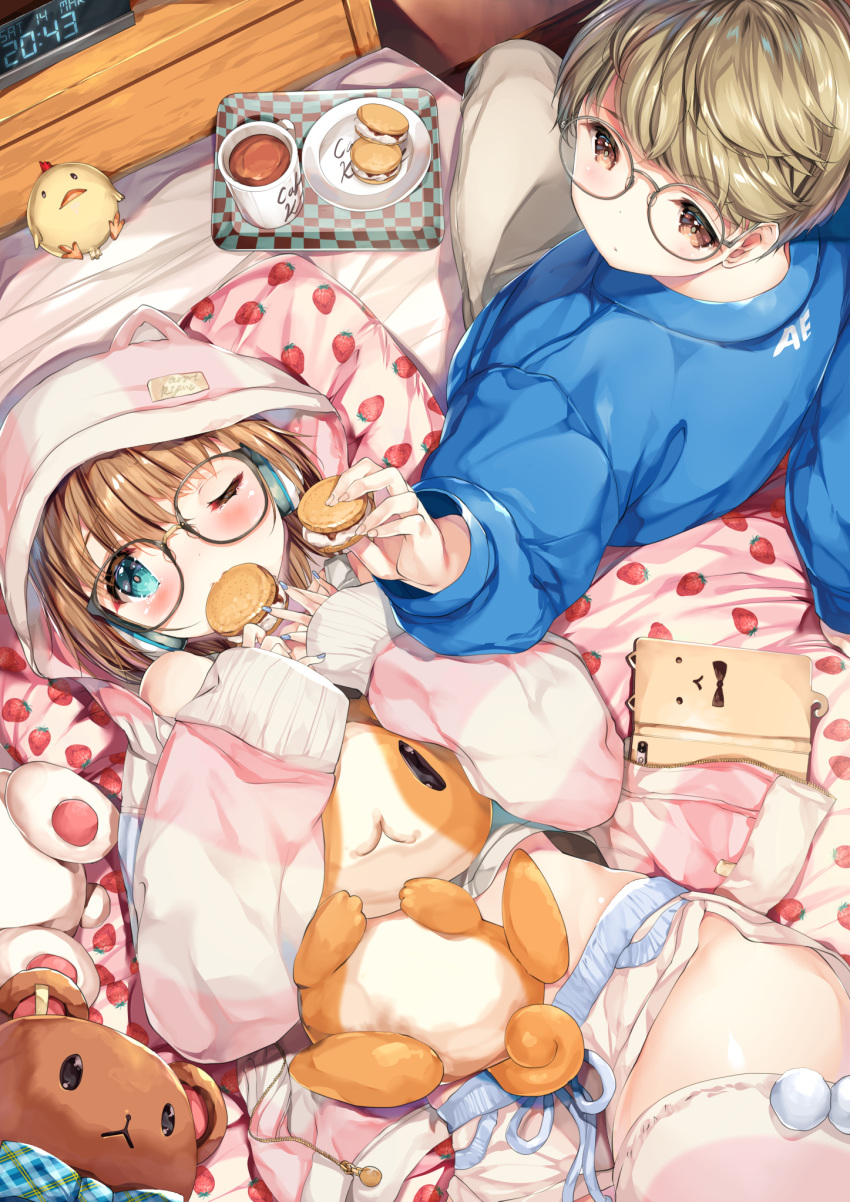 1boy, 1girl, bed, bed_sheet, blue_eyes, blush, brown_eyes, brown_hair