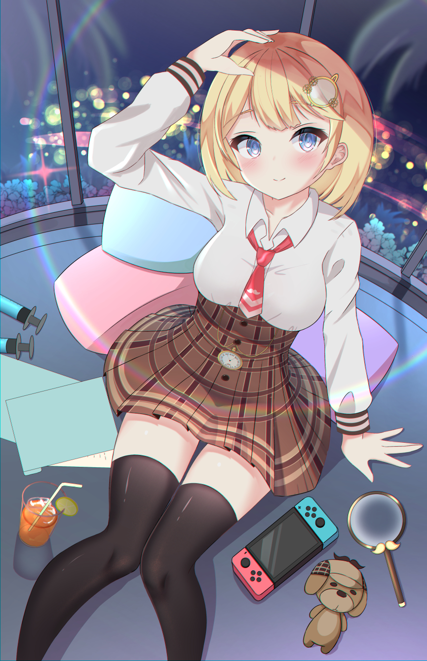 1girl, arm_support, bangs, black_legwear, blonde_hair, blue_eyes, blush, breasts, brown_skirt, bubba_(watson_amelia), city_lights, collar, collarbone, collared_shirt, cup, cushion, dog, drinking_straw, eyebrows_visible_through_hair, folder, from_above, hand_on_own_head, highres, hololive, hololive_english, iced_tea, kawaiipony2, light_rays, long_sleeves, looking_at_viewer, magnifying_glass, medium_breasts, medium_hair, monocle, necktie, night, paper, plaid, plaid_skirt, pleated_skirt, red_neckwear, shirt, sidelocks, sitting, skirt, smile, solo, syringe, tea, thigh-highs, virtual_youtuber, watson_amelia, white_collar, white_shirt, window