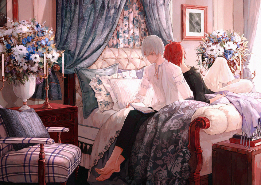 2boys, barefoot, bed, bed_sheet, book, candle, candlestand, flower