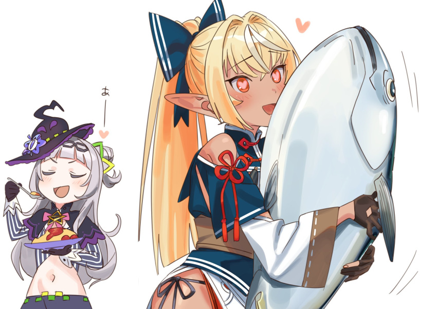 2girls, animal, black_capelet, black_gloves, black_headwear, blonde_hair, blush, bow