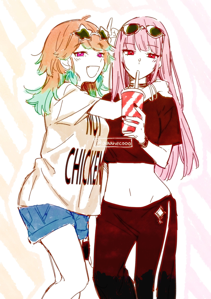 2girls, aaanecooo, absurdres, ahoge, alternate_costume, commentary, drinking, drinking_straw