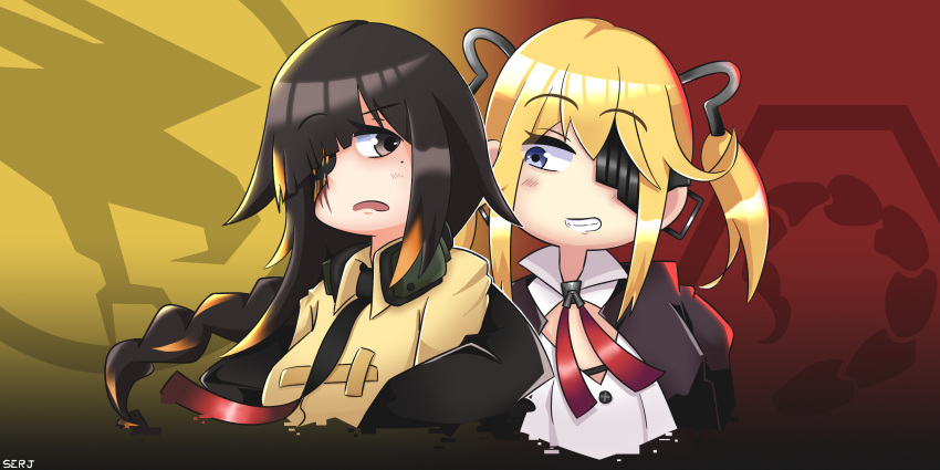 2girls, artist_name, blue_eyes, blush, brotherhood_of_nod, brown_eyes, command_and_conquer, eyepatch
