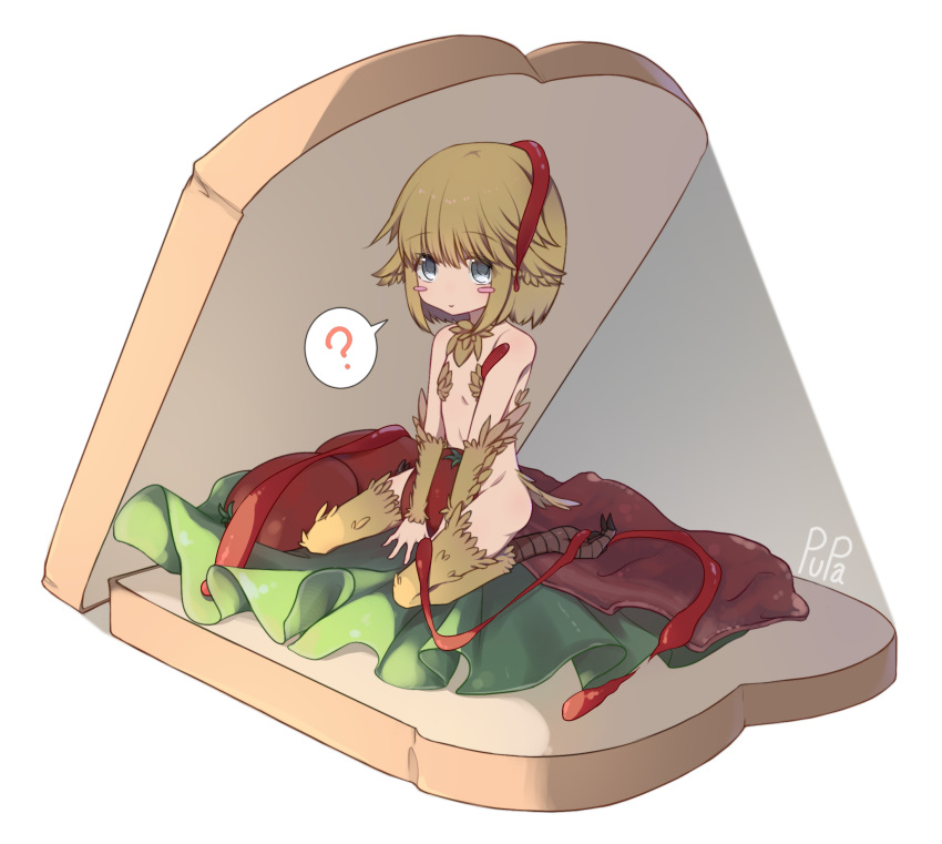 1girl, ?, artist_name, bacon, bangs, between_legs, bird_tail, bird_wings, black_souls, blonde_hair, blush_stickers, bread, bread_slice, chick_(black_souls), closed_mouth, eyebrows_visible_through_hair, eyes_visible_through_hair, feathered_wings, feathers, flat_chest, food, full_body, grey_eyes, hand_between_legs, harpy, head_wings, highres, in_food, ketchup, lettuce, monster_girl, no_nose, pupa_jiang, sandwich, short_hair, simple_background, sitting, smile, solo, speech_bubble, spoken_question_mark, tail, white_background, wings, yellow_wings