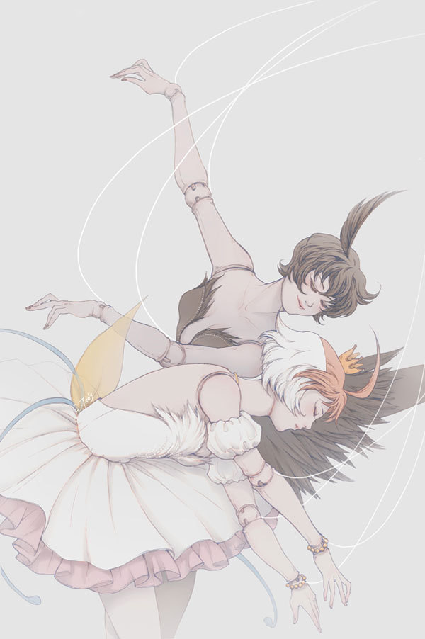 2girls, antenna_hair, backless_dress, backless_outfit, ballerina, ballet, black_hair, cowboy_shot